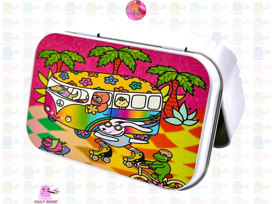 Tropical Sunny Cute Camping Trip Cartoon 1oz White / Crystal / Jewellery / Coins / Bits & Pieces / Hide / Money / Make-Up 1oz Black Hinge Lid Tin Box Gift - 9.5 x 6.2 x 2 cm - Cute Funny Metal Organiser Gift Idea