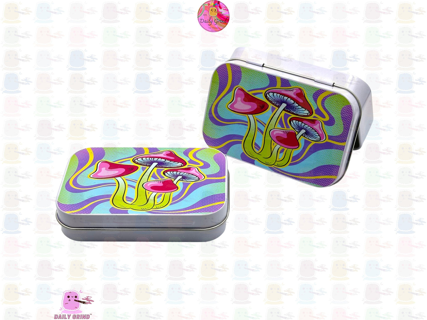 Colourful Mushroom Tie Dye Cute 1oz White / Crystal / Jewellery / Coins / Bits & Pieces / Hide / Money / Make-Up 1oz Black Hinge Lid Tin Box Gift - 9.5 x 6.2 x 2 cm - Cute Funny Metal Organiser Gift Idea