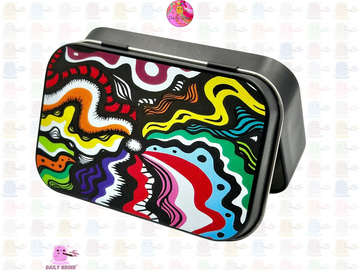 Wavy Colourful Pattern Cute Hippy 1oz Black / Crystal / Jewellery / Coins / Bits & Pieces / Hide / Money / Make-Up 1oz Black Hinge Lid Tin Box Gift - 9.5 x 6.2 x 2 cm - Cute Funny Metal Organiser Gift Idea