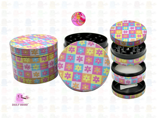 Cute Floral Check Board Pastel Colours - 50mm 4-Piece High Quality Custom Metal Tobacco Herb Grinder Gift Idea