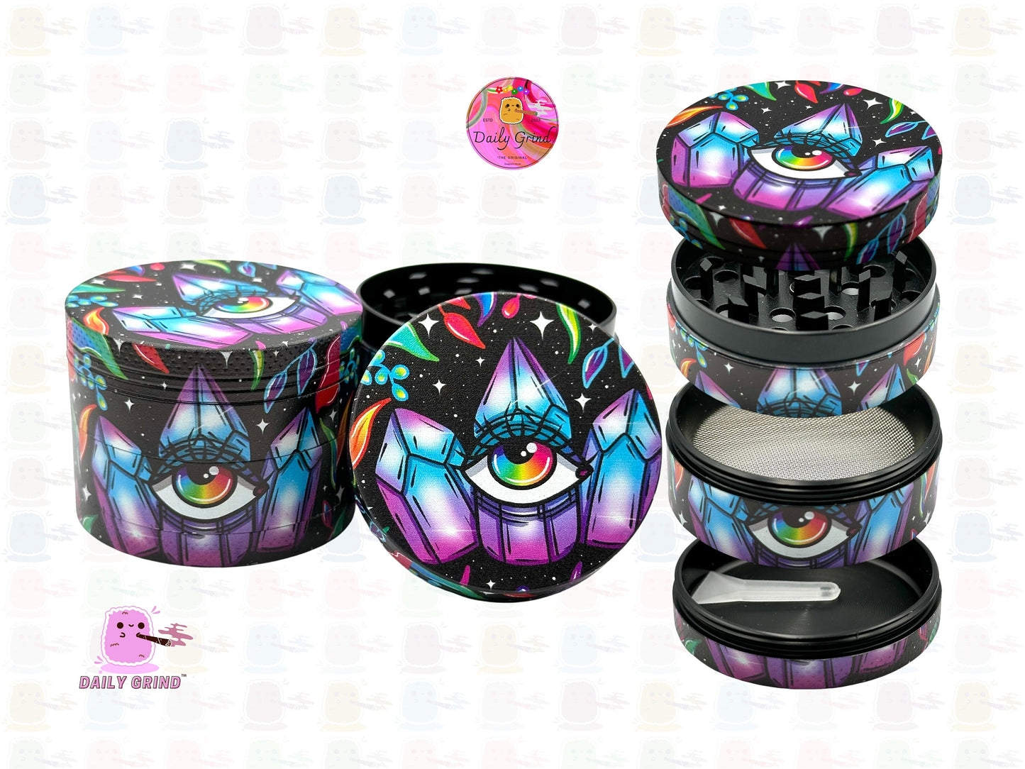 Cute Crystal Eye Colourful Trippy - 50mm 4-Piece High Quality Custom Metal Kitchen Herb Grinder Gift Idea