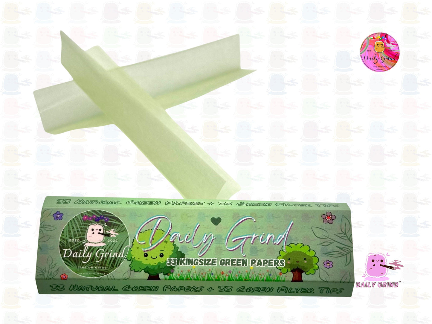 Daily Grind™ Green Kingsize Rolling Papers with Roach Tips - High Quality, Super Cute! 33 Leaves + Filter Card.