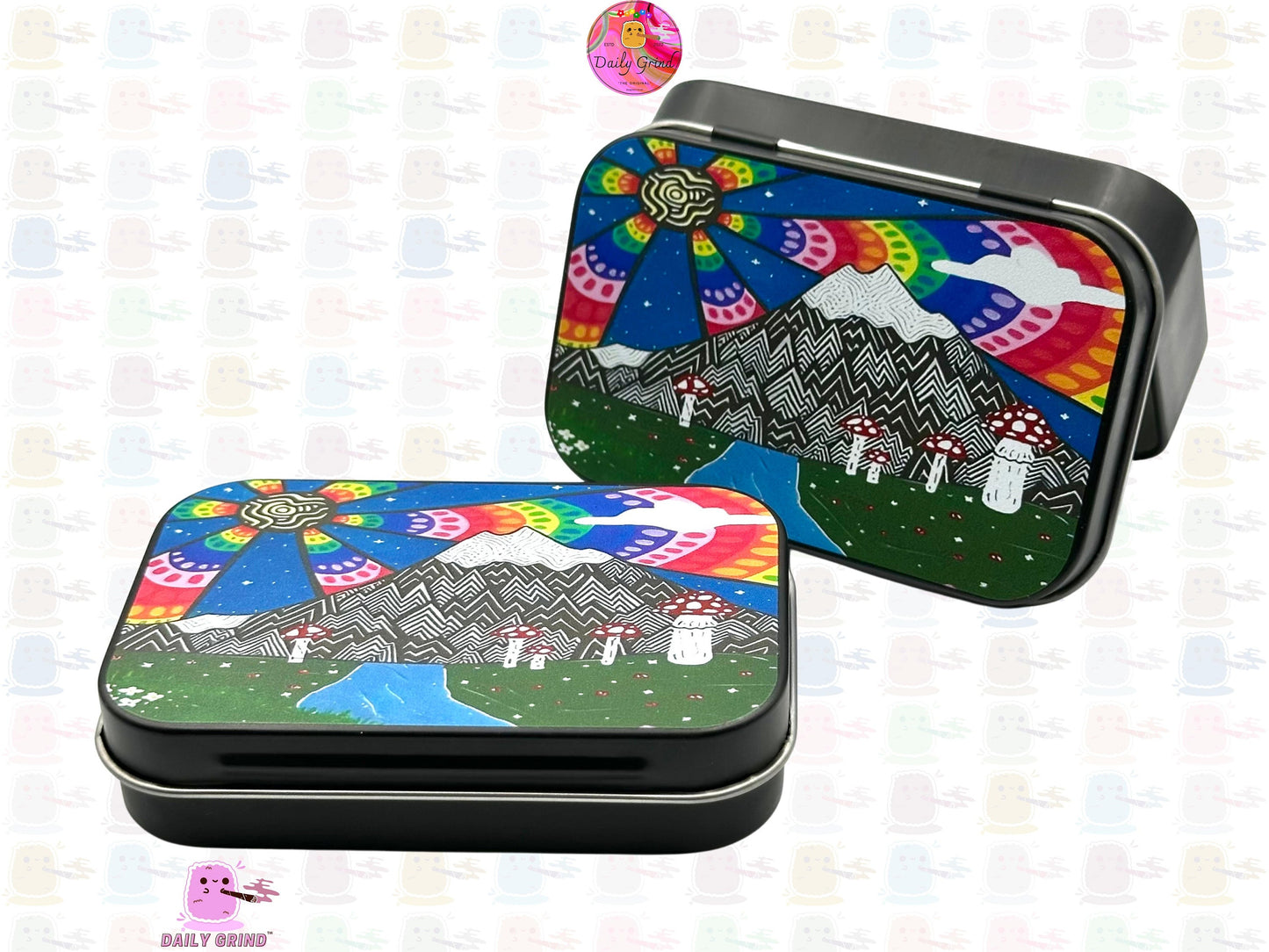 Mount Fuji Anime Cartoon Cute Art Japan 1oz Black / Crystal / Jewellery / Coins / Bits & Pieces / Hide / Money / Make-Up 1oz Black Hinge Lid Tin Box Gift - 9.5 x 6.2 x 2 cm - Cute Funny Metal Organiser Gift Idea