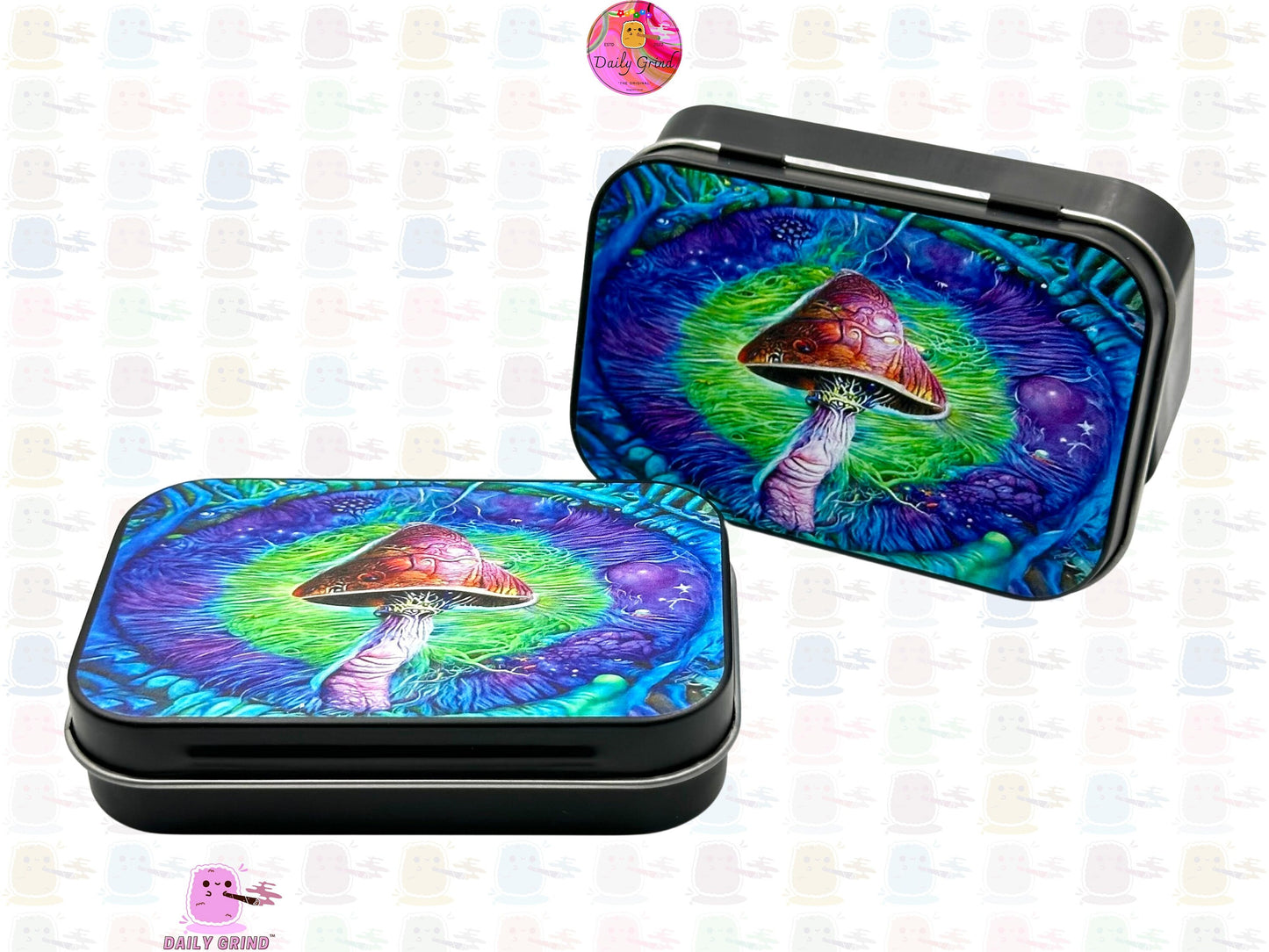 Cute Art Mushroom Purple Green Shroom 1oz Black / Crystal / Jewellery / Coins / Bits & Pieces / Hide / Money / Make-Up 1oz Black Hinge Lid Tin Box Gift - 9.5 x 6.2 x 2 cm - Cute Funny Metal Organiser Gift Idea