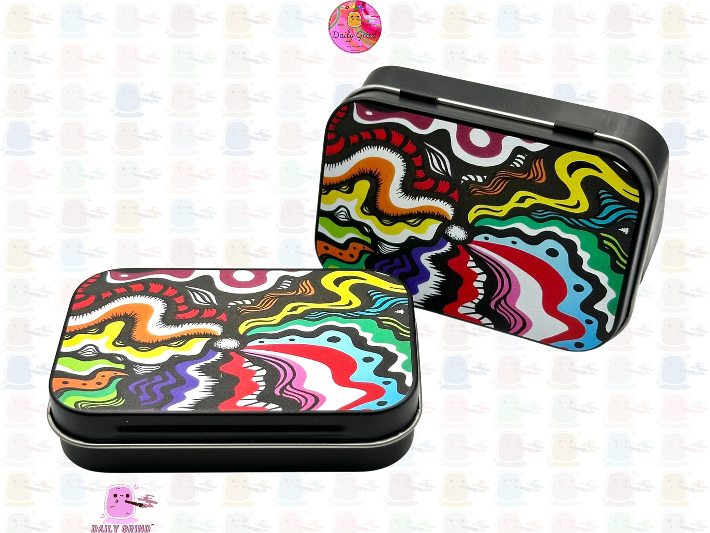 Wavy Colourful Pattern Cute Hippy 1oz Black / Crystal / Jewellery / Coins / Bits & Pieces / Hide / Money / Make-Up 1oz Black Hinge Lid Tin Box Gift - 9.5 x 6.2 x 2 cm - Cute Funny Metal Organiser Gift Idea