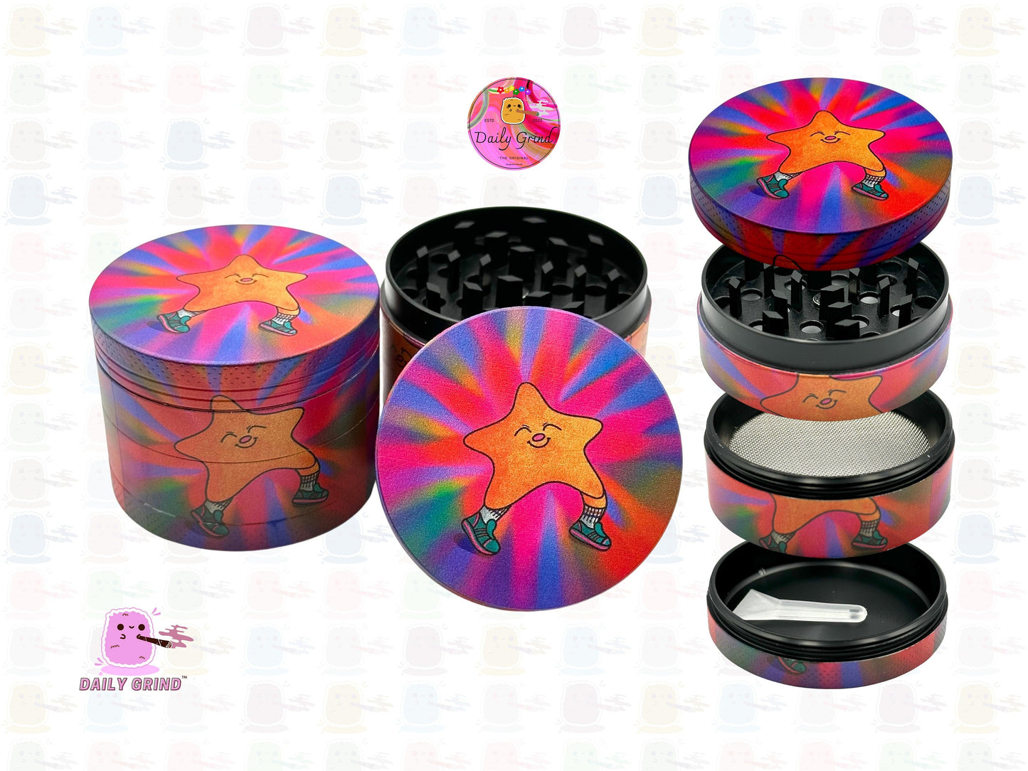 Happy Star Cute Colourful Tie Dye 50mm 4-Piece High Quality Custom Metal Kitchen Herb Grinder Gift Idea