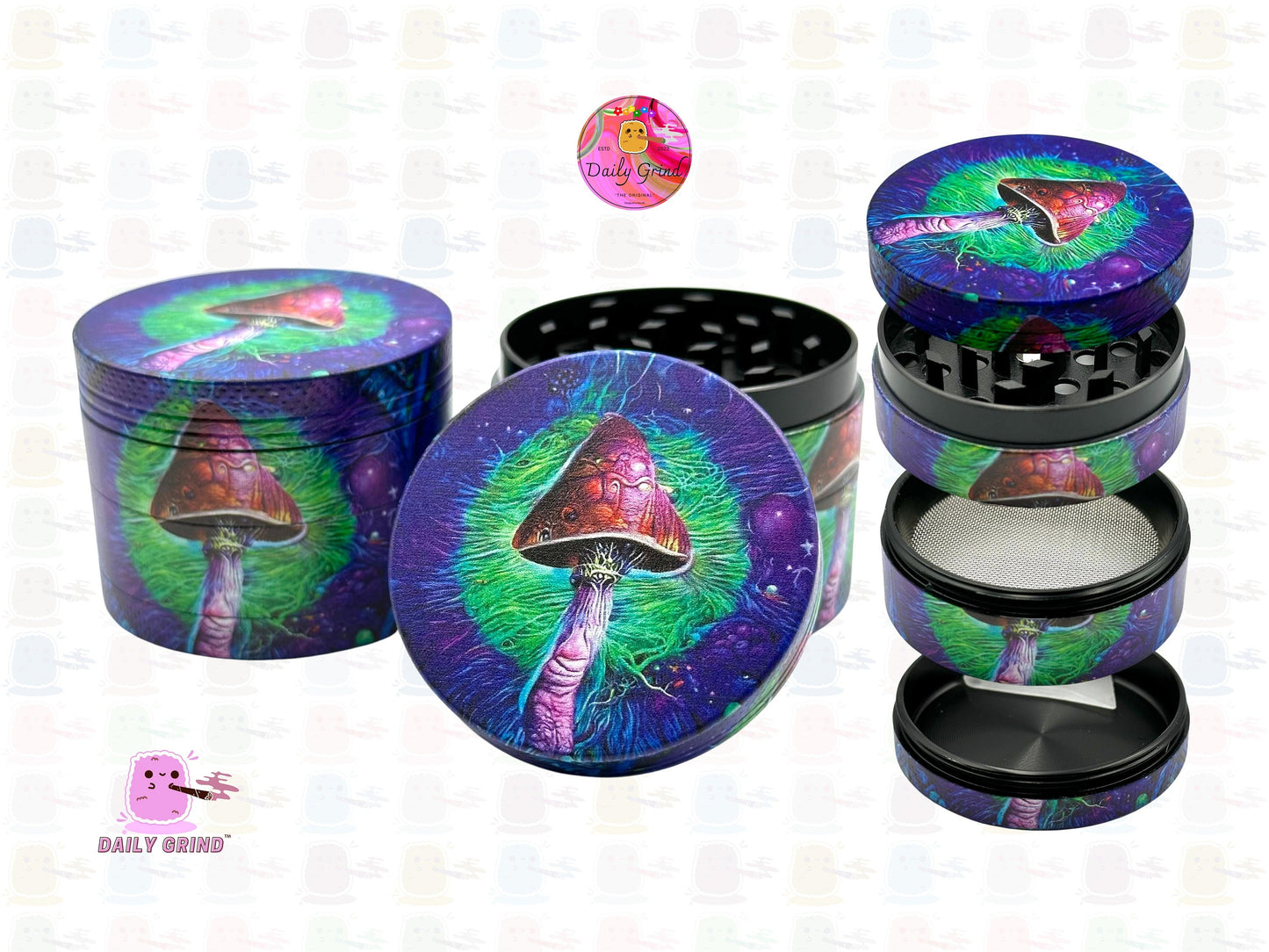 Mushroom Cute Art Green & Purple - 50mm 4-Piece High Quality Custom Metal Kitchen Herb Grinder Gift Idea