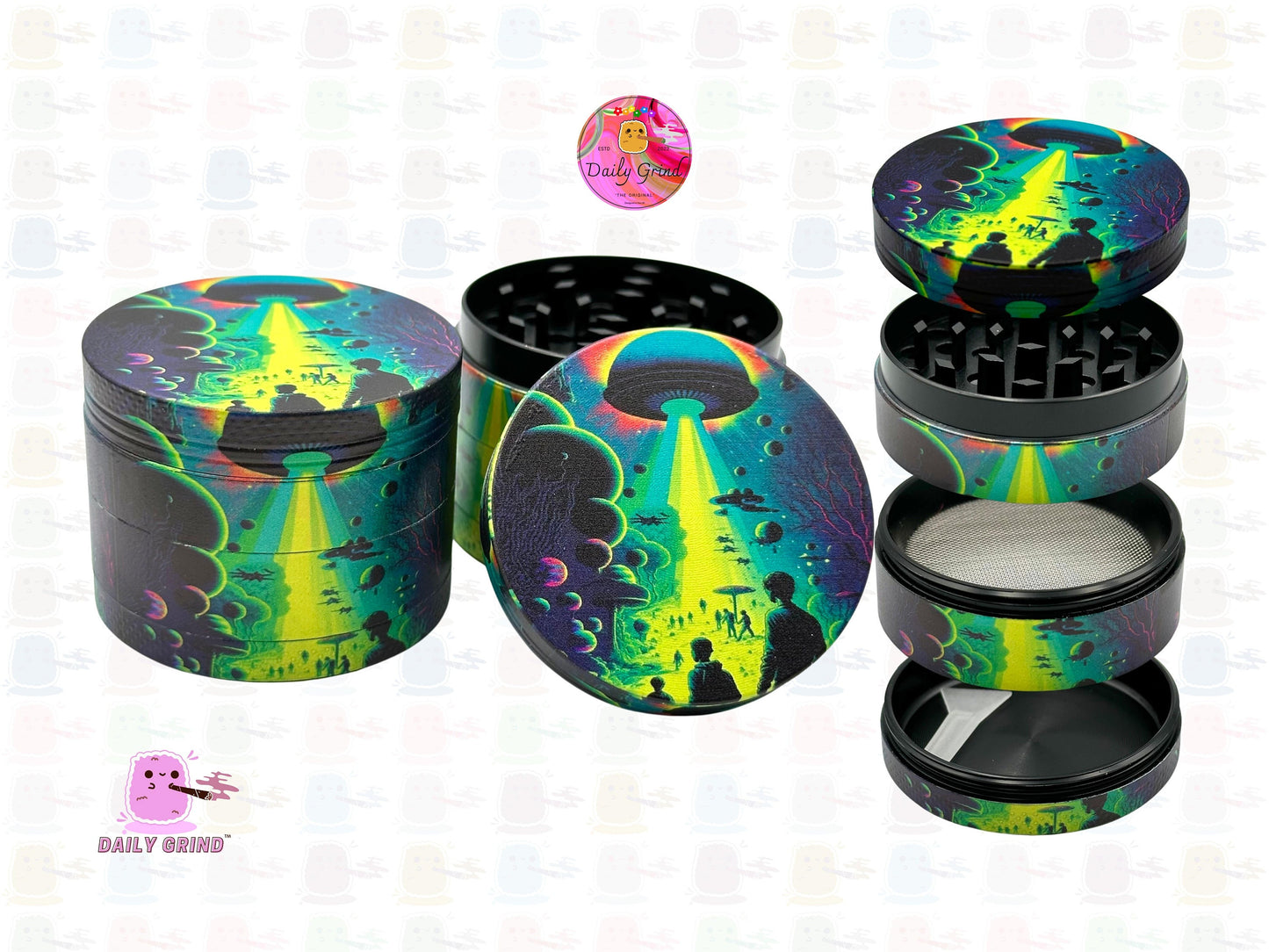 Alien Ship Abduction Spooky Apocalypse Green - 50mm 4-Piece High Quality Custom Metal Herb Grinder Gift Idea